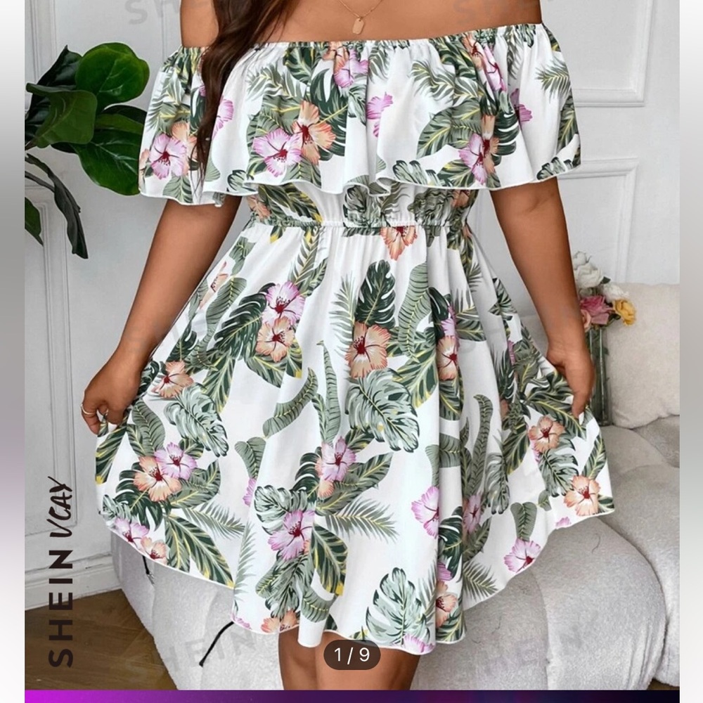 SHEIN VCAY Plus Tropical Print Off Shoulder Ruffle Trim Dress